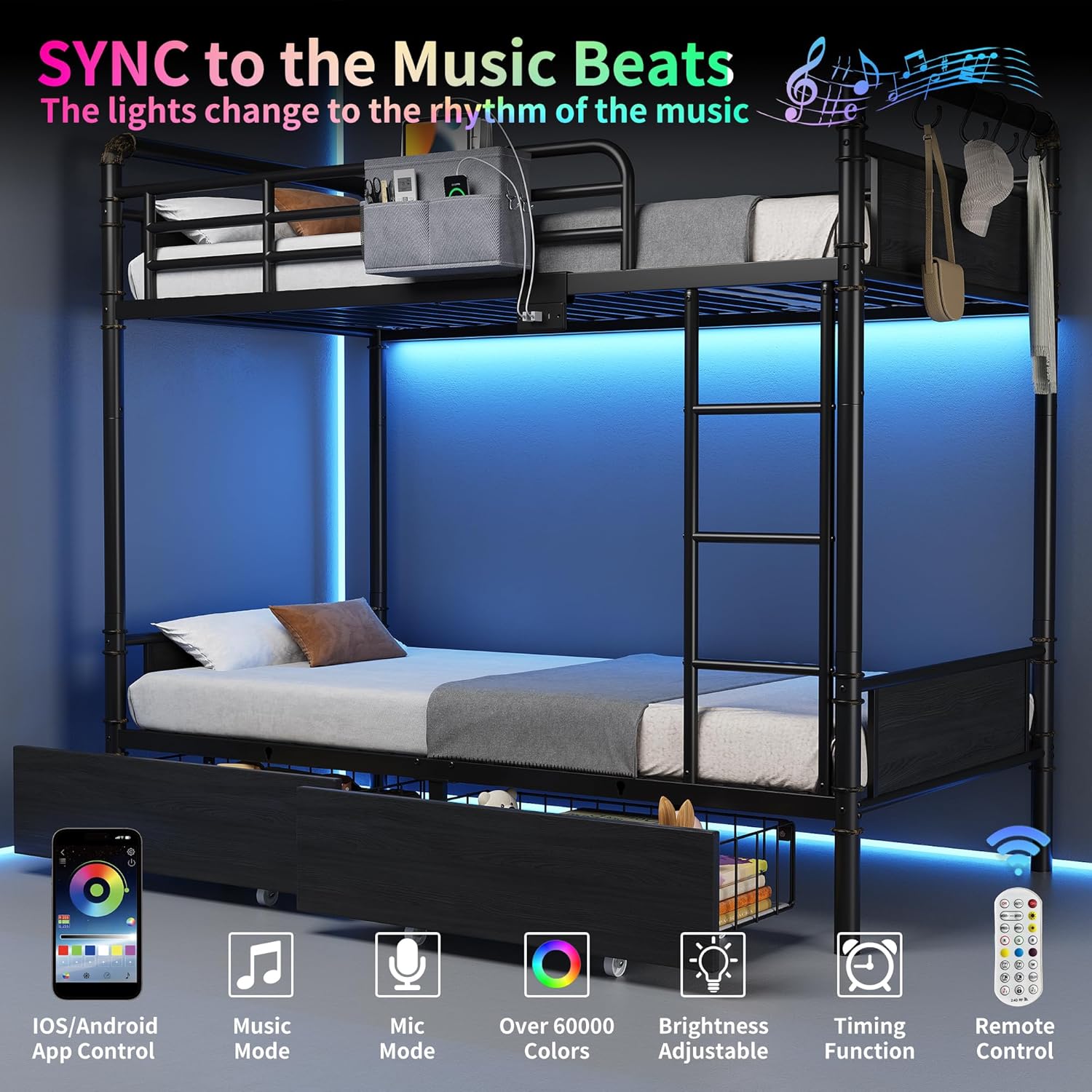 Metal LED Bunk Bed Twin Over Twin with 2 Storage Drawers, USB Charging Station, Industrial Bunkbeds Heavy Duty Bed with Safety Guardrail and Ladder, No Box Spring Needed, Black