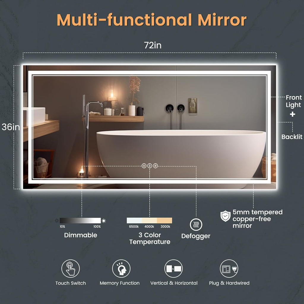 New LED Bathroom Mirror 72x36 Inch with Front and Backlit, CRI 90+, 3 Colors & Stepless Dimmable Lighted Bathroom Mirror, Anti-Fog, Memory, Top-Grade Tempered Glass, Rotatable