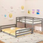 TOLEAD Low Bunk Bed Twin Over Full, Floor Bunk Bed with Ladder, Wooden Bunk Bed with Full Guardrails, Low Bunk Bed for Juniors, Boys, Girls, Kids, Bedroom, Grey