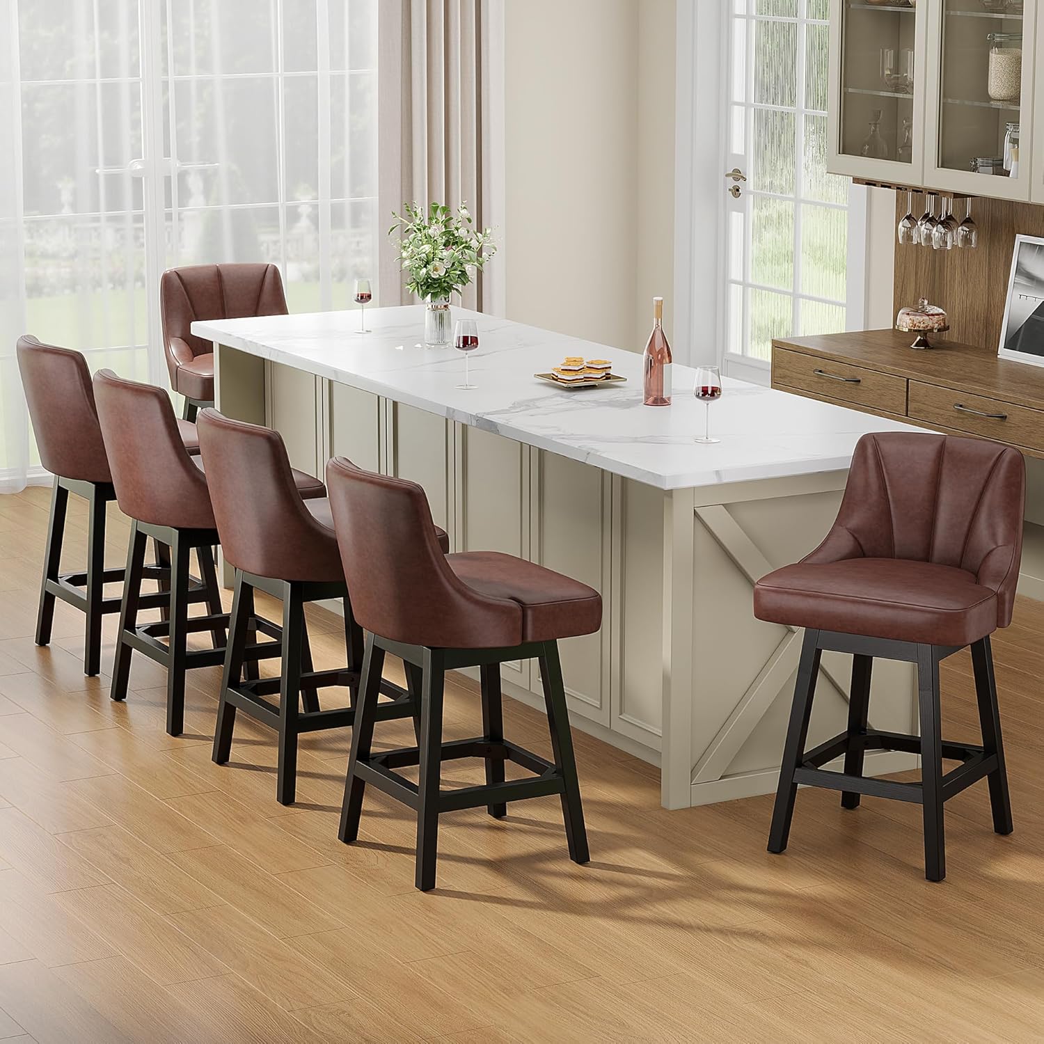 Swivel Bar Stools with Backs, 26" Counter Height Bar Stools Set of 4, Modern Leather Extra Upholstered Counter Barstools with Square Solid Wood Legs for Kitchen Island, Dining Room, Brown