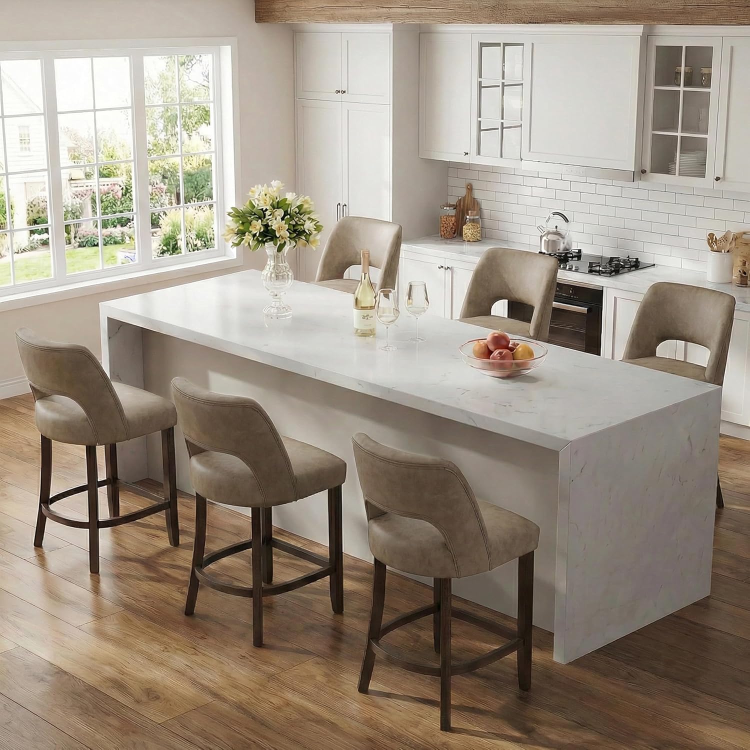 VKNOW 26" Bar Stools Set of 2, Faux Leather Counter Height Bar Stools with Backrest and Rubberwood Legs, Upholstered Barstools for Kitchen Island, Bar and Dining Room, Taupe