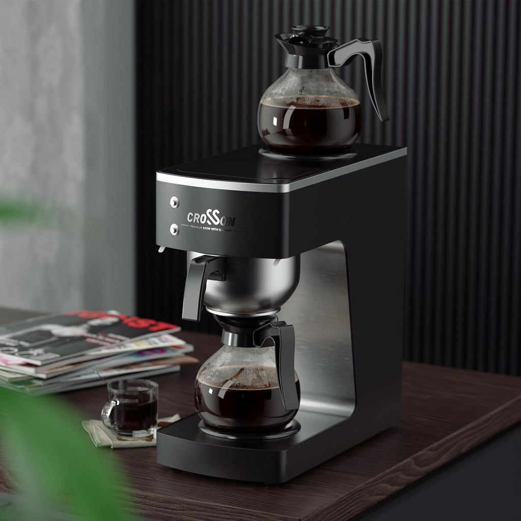 crosson 12 Cup Commercial Drip Coffee Brewer with Upper and Lower Warmer & 2 Glass Decanter,Pour Over Coffee Maker with Easy Clean Fingerprint Free Housing and 304 Stainless Steel Funnel