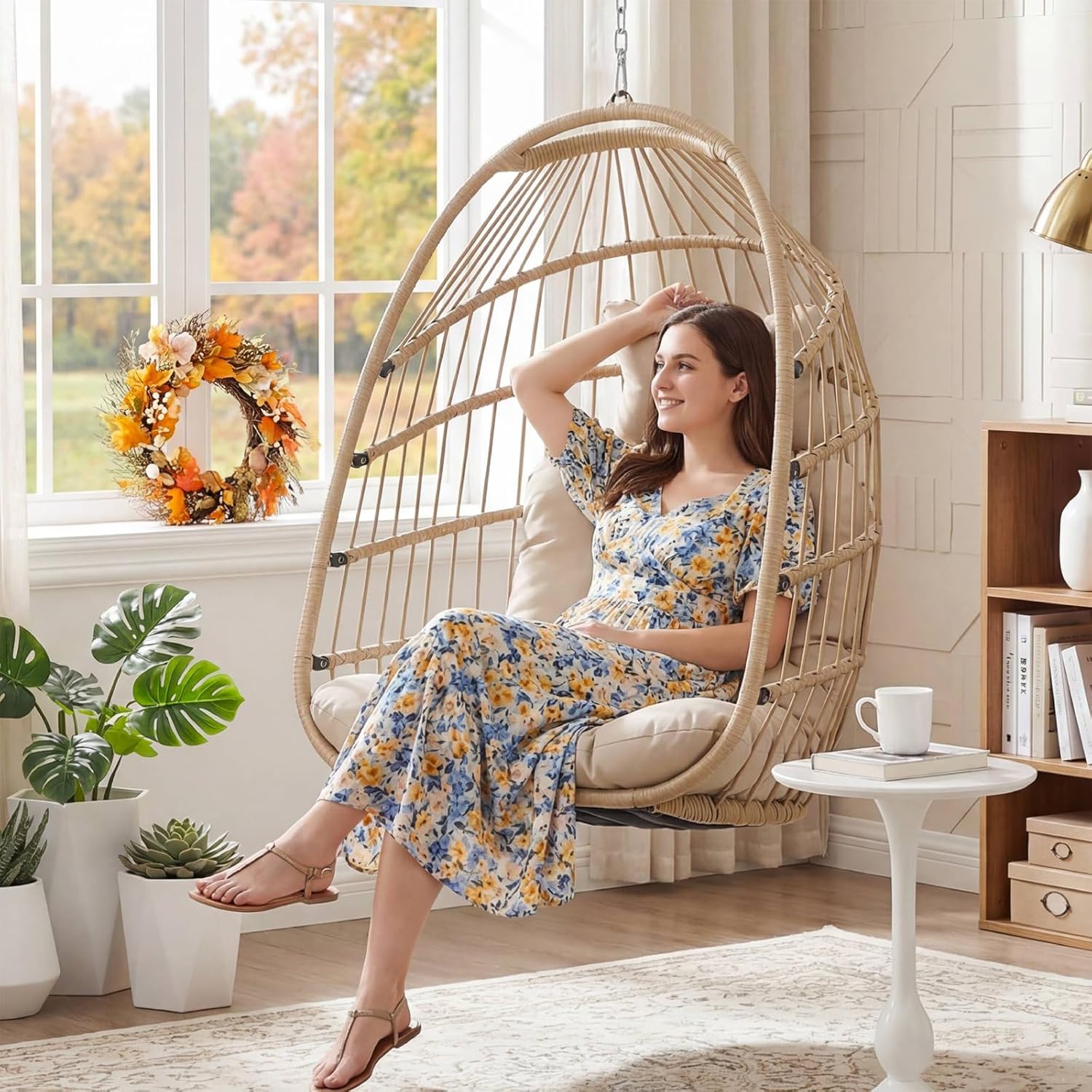 Nicesoul Outdoor Hanging Egg Chair Without Stand, Patio Wicker Swing Egg Basket Chairs with Padded Cushion, 350 Lbs Comfy Cozy Ceiling Tree Swinging Egg-Shaped Chair No Stand for Indoor Balcony, Beige
