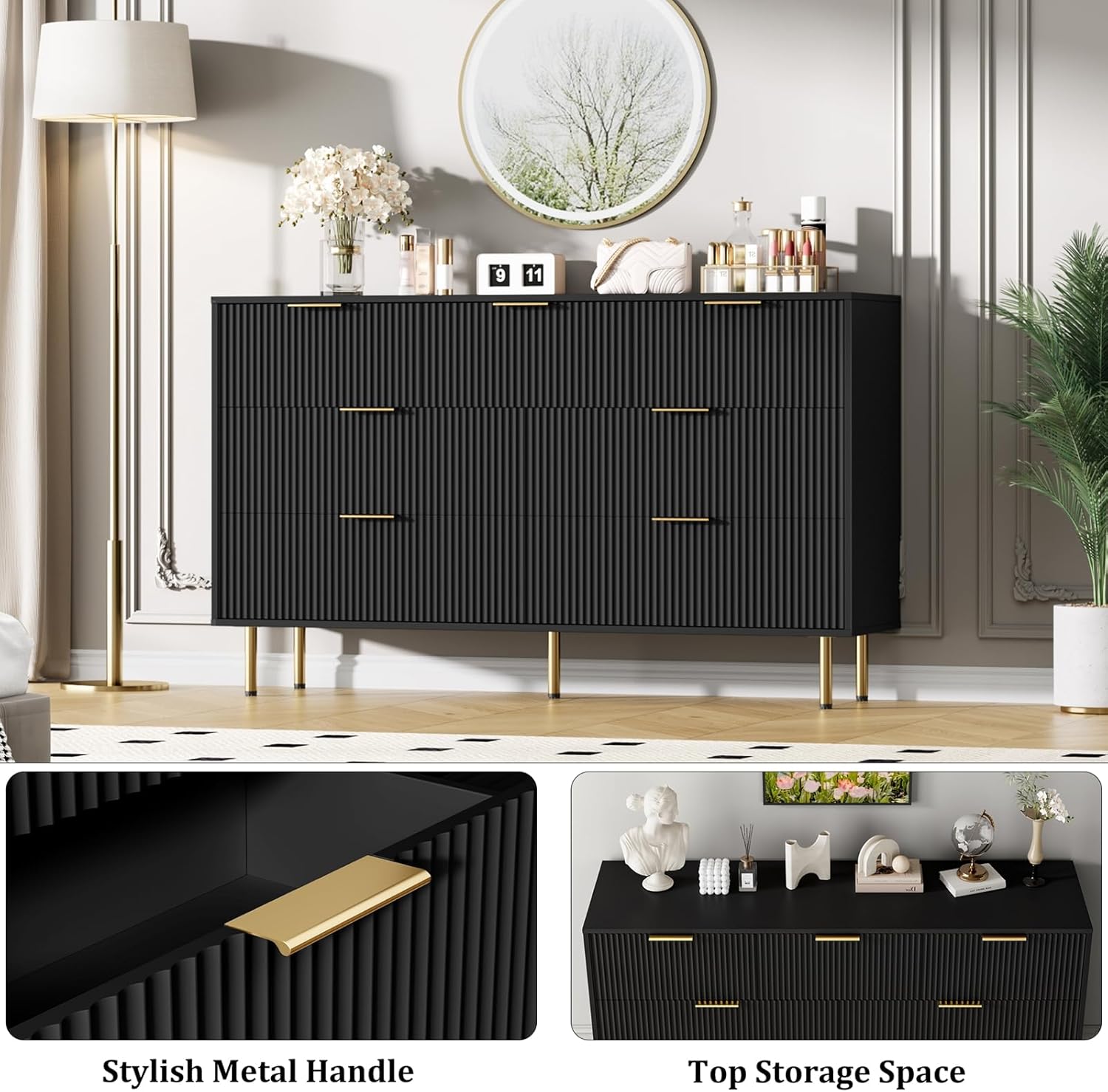 IDEALHOUSE Fluted Dresser for Bedroom,7 Drawer Dresser with Wide Drawers,Wooden Chest of Drawers,Modern Storage Dressers for Living Room, Closet, Hallway,Entryway