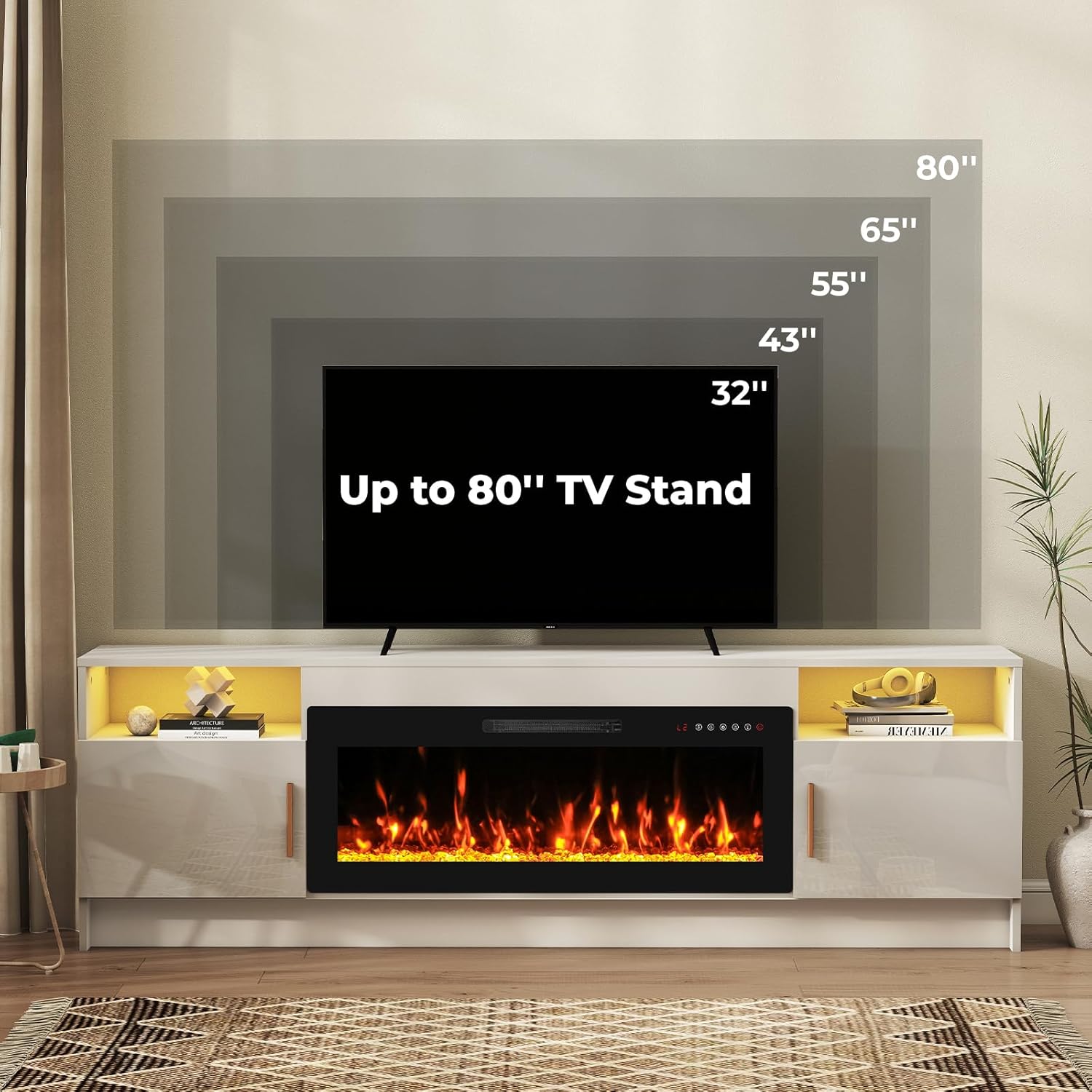70" Electric Fireplace TV Stand for TVs Up to 80", LED Light Media Console with 36" Electric Heater, Storage Cabinet, Entertainment Center for Living Room, White