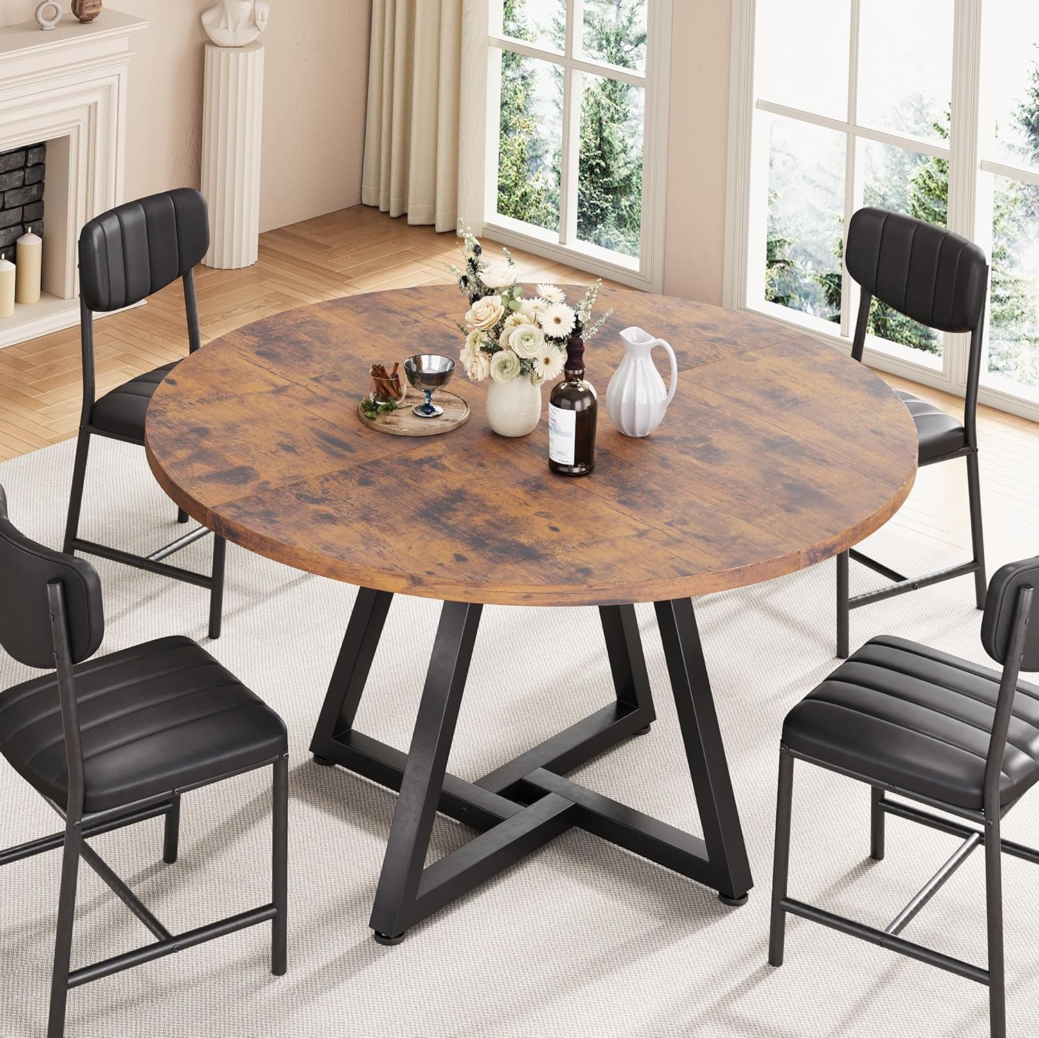 Jocoevol Round Kitchen Dining Room Table Circle Dining Dinner Table with Pedestal Metal Frame, Space Saving Wood Industrial Furniture for Small Space (Rustic Brown, 47IN)