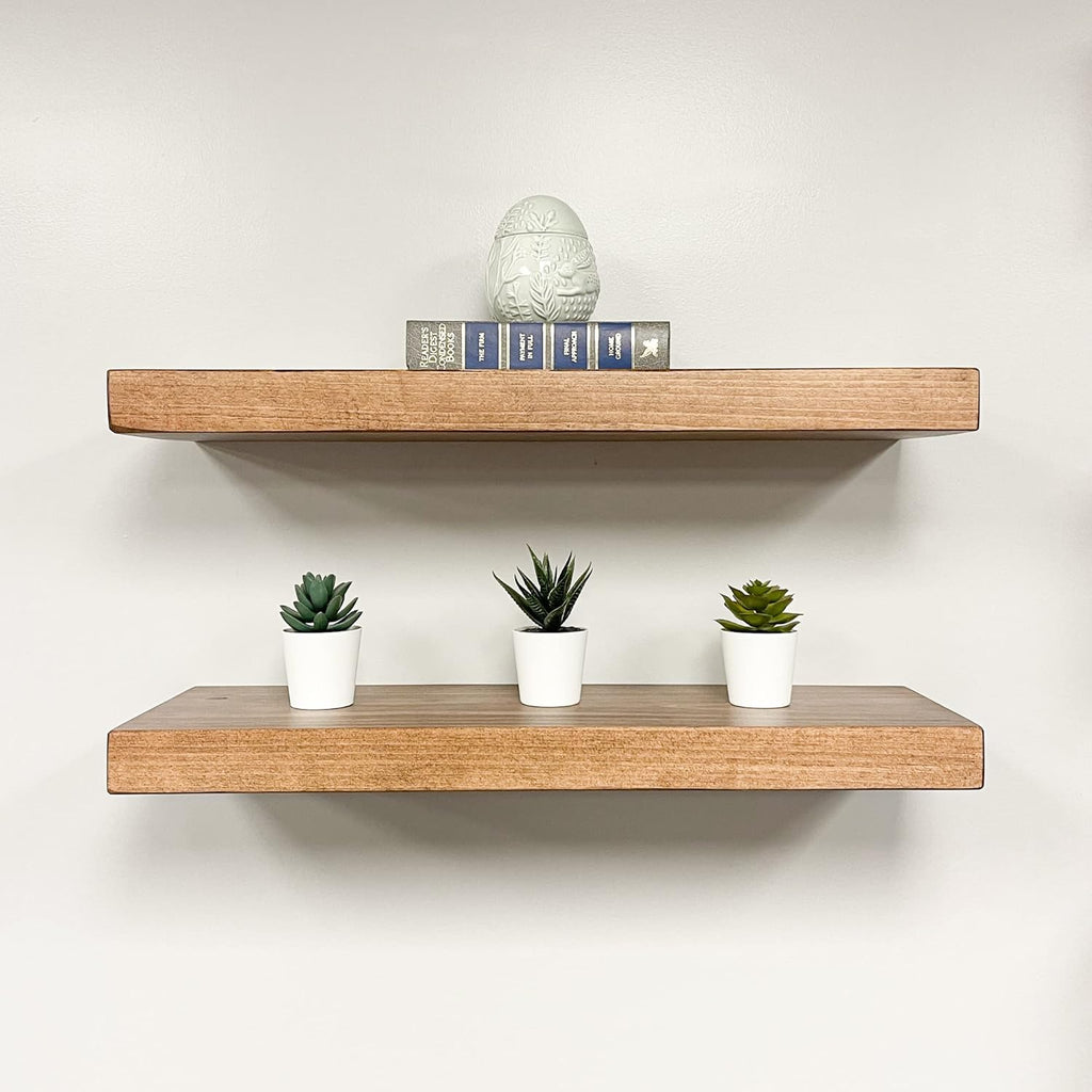 URBANDI, Rustic Floating Shelves, Set of 2, Hidden Bracket, Solid Wood, Heavy Duty, Wall Mounted Shelves, (Brown, 24Wx8D)