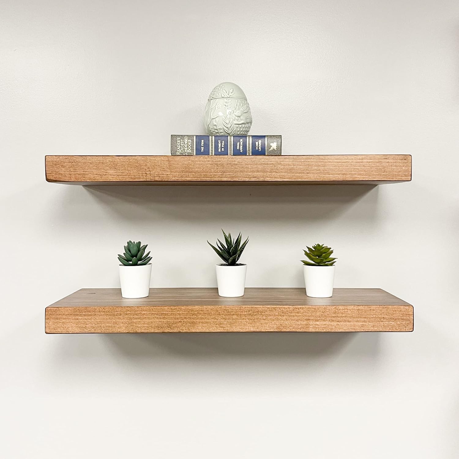 URBANDI, Rustic Floating Shelves, Set of 2, Hidden Bracket, Solid Wood, Heavy Duty, Wall Mounted Shelves, (Brown, 24Wx8D)
