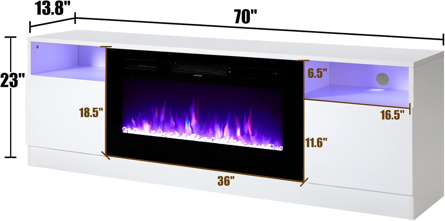 AMERLIFE TV Stand with Fireplace, LED Light Entertainment Center with 36" Electric Fireplace, 70" Modern Wood Entertainment Stand with Highlight Storage Cabinet for TVs up to 80", White & Black