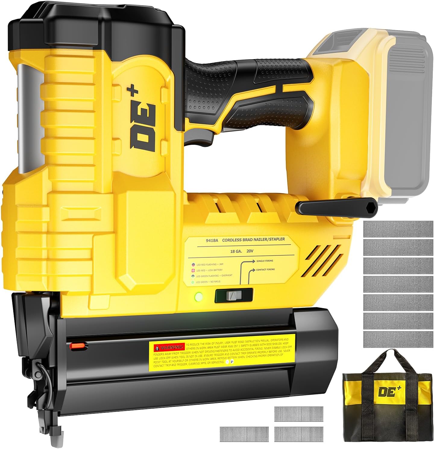DeForce 18GA Cordless Brad Nailer, 2" Nail Gun for Dewalt 20V Max Battery, 2 IN 1 Electric Stapler, 2026 Upgraded Tool-Free Jam Release, 2 Modes, Adjustable Depth, 1000pcs Nails(No Battery), Yellow