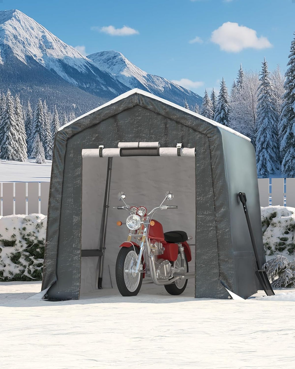  6X6 FT Heavy-Duty Portable Outdoor Storage Shed with Roll-Up Zipper Door & Vent, 240g Waterproof Carport Storage Shelter, UV-Resistant Canopy for Motorcycle, Firewood, Tools -Gray ﻿
