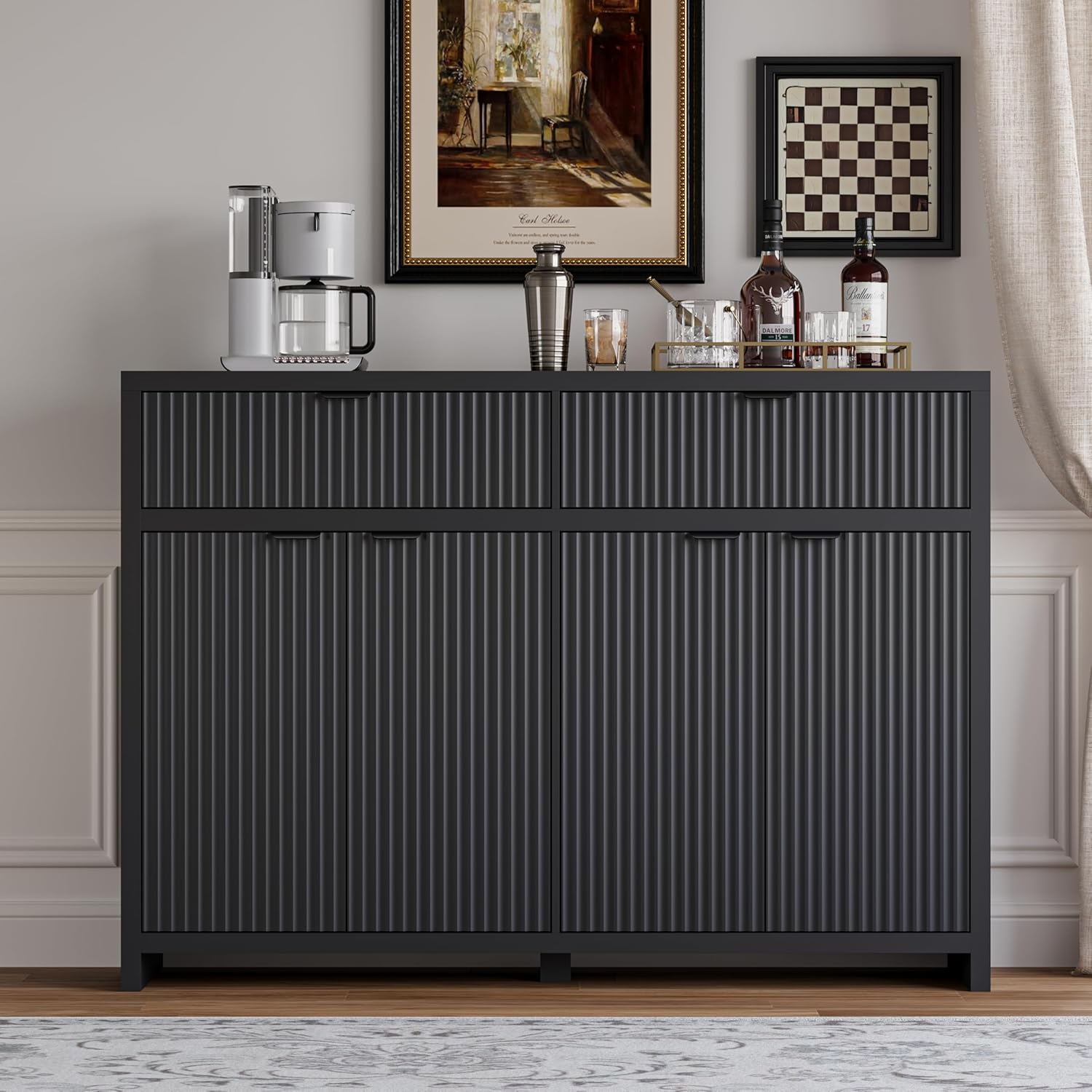 Fluted Sideboard Buffet Cabinet with Storage and Large Drawers, 55" Credenza Storage Cabinet for Living Room & Entryway, Farmhouse Buffet Table with Adjustable Shelves, Console Cabinet, Balck