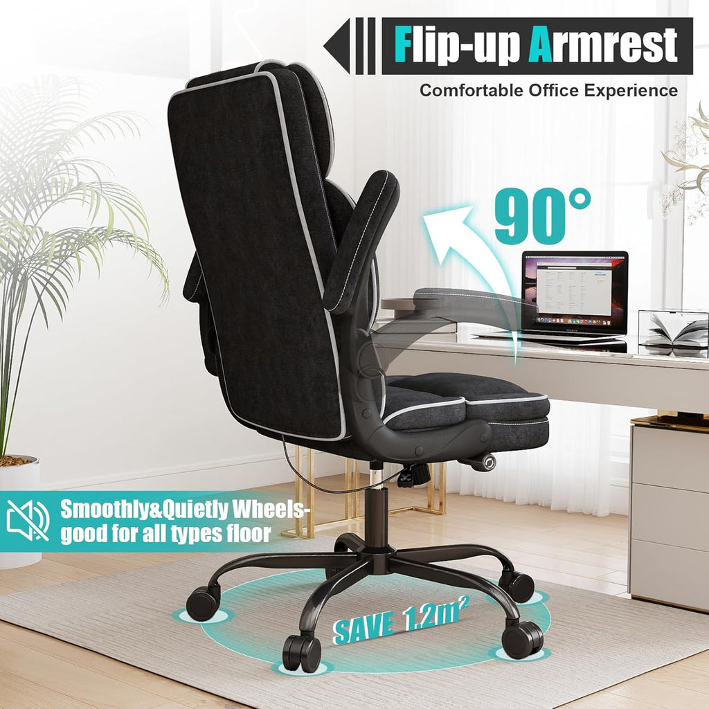 Big and Tall Office Chair with Adjustable Lumbar Support,Breathable Fabric High Back Desk Computer Chair with Adjustable Flip-up Armrests,Ergonomic Swivel PC Chair with Rocking Function