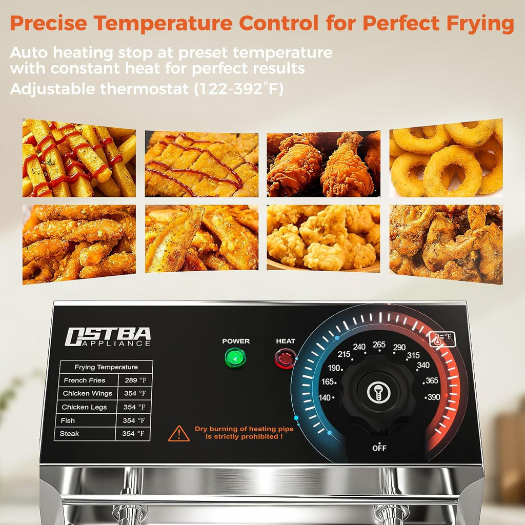 OSTBA Deep Fryer with Basket, 10.36QT Deep Fryer, 1600W Stainless Steel Commercial Deep Fryer with Adjustable Temperature 140–390℉, Removable Basket & Oil Tank