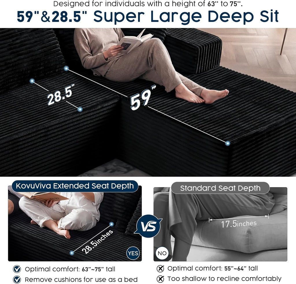 Black Sectional Couch for Living Room - 108" Modular Cloud Sofa with Chaise, Ultra Soft Corduroy L-Shaped Large Couches, Boneless Deep Seat Sectional Couch, No Assembly Required (Left Facing Chaise)