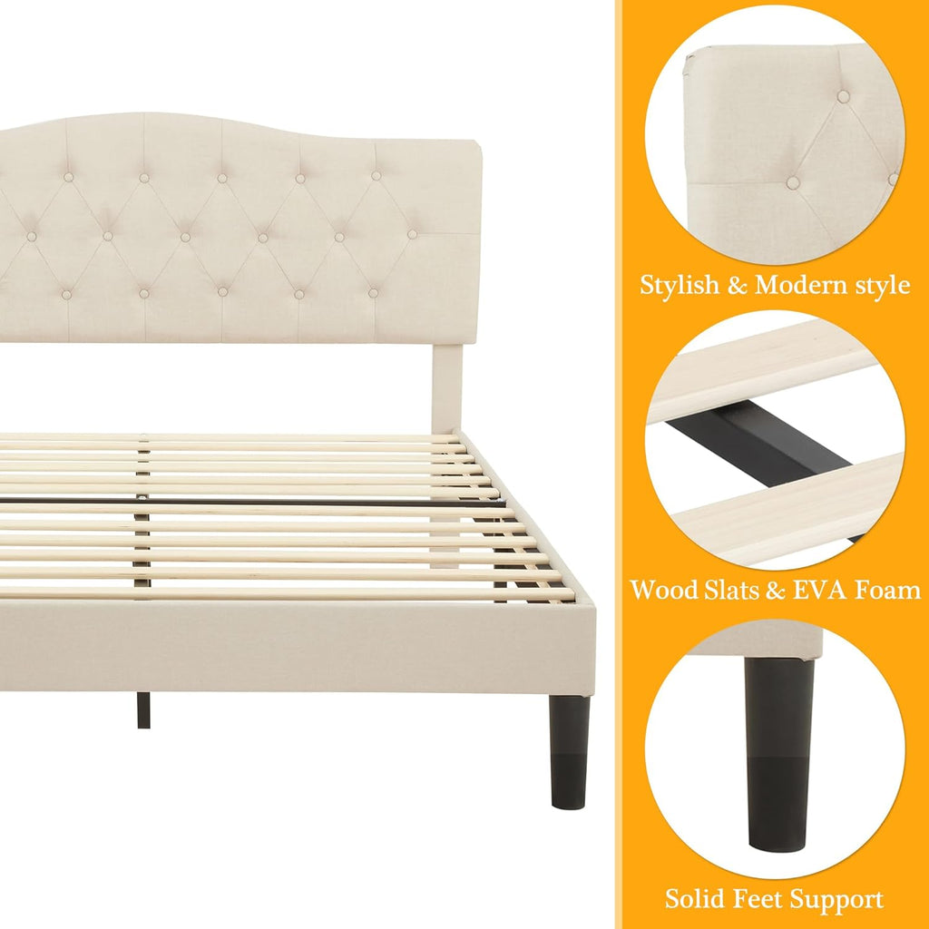 VECELO Queen Size Platform Bed Frame with Fabric Upholstered Headboard and Wooden Slats Support, No Box Spring Needed/Easy Assembly,Beige