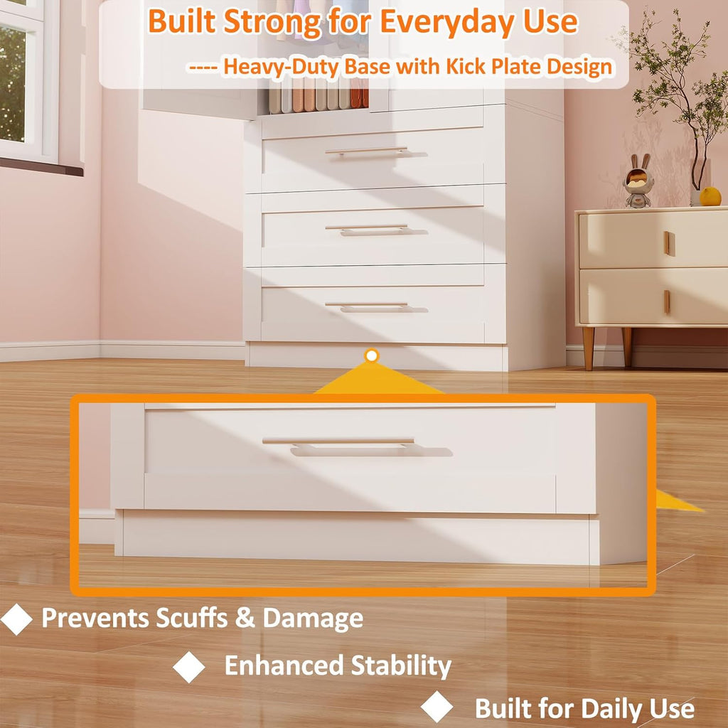 Armoire Wardrobe Closet with 3 Deep Drawers and Doors 71" Clothing Storage Cabinet with Hanging Rod Wooden Wardrobe Cabinet for Bedroom, Large Capacity Storage White