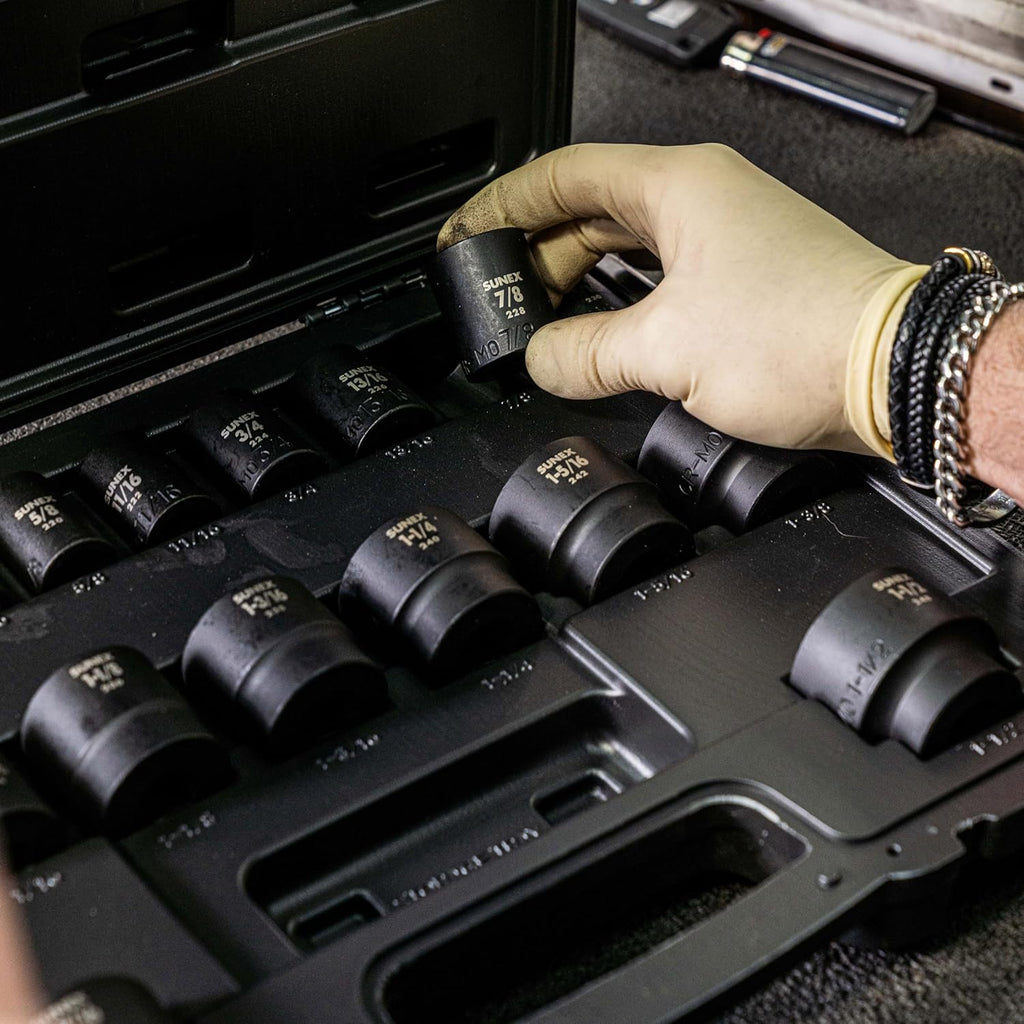 SUNEX TOOLS 2640, 1/2 Inch Drive Impact Socket Set, 19-Piece, SAE, 3/8 Inch – 1-1/2 Inch, Cr-Mo Alloy Steel, Radius Corner Design, Dual Size Markings, Heavy Duty Storage Case, Meets ANSI Standards