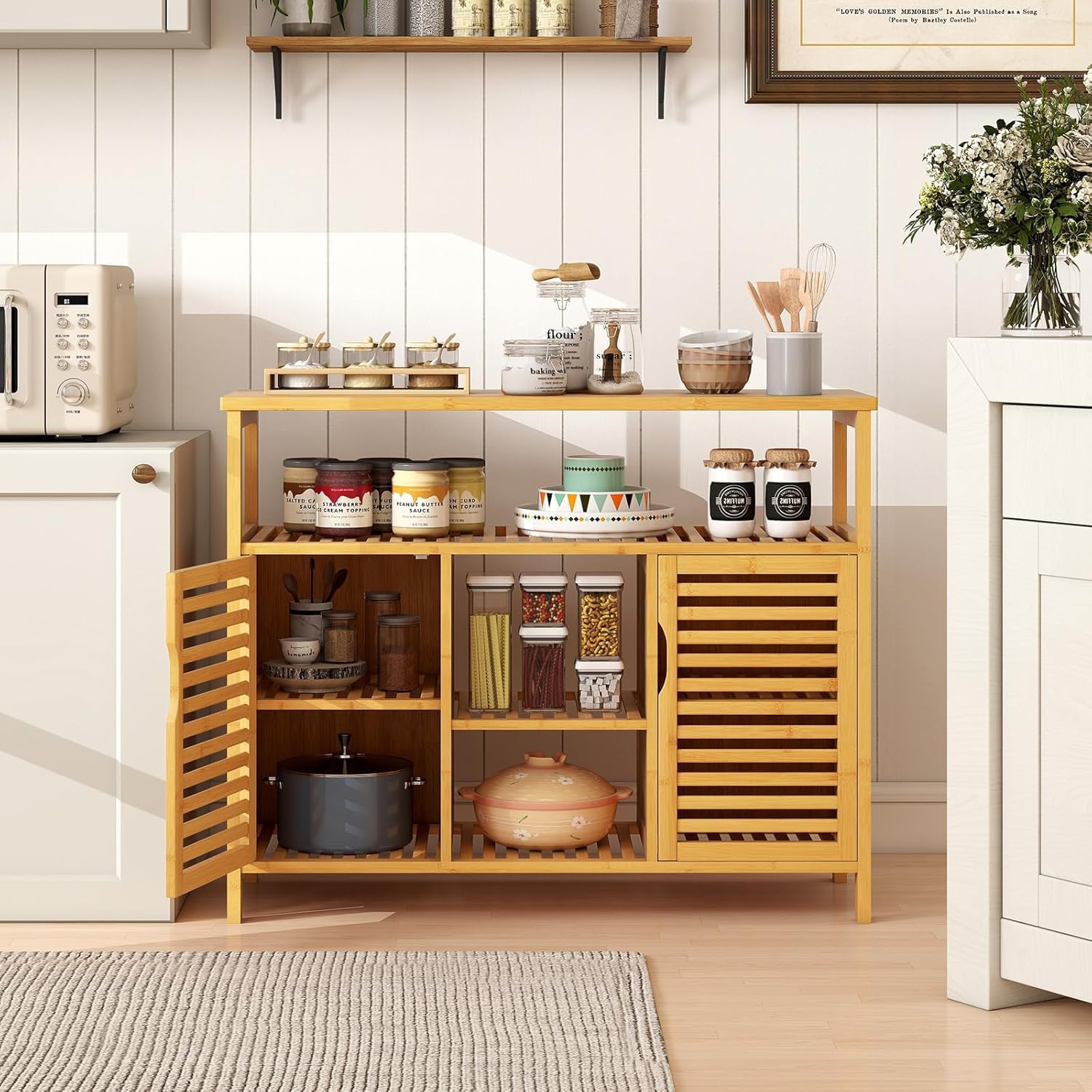 Giantex Bamboo Bathroom Storage Cabinet, 2-Door Storage Organizer with Shelves, Freestanding Floor Cabinet, Slatted Bamboo Home Furniture for Living Room Entryway Kitchen Dining Room, Natural