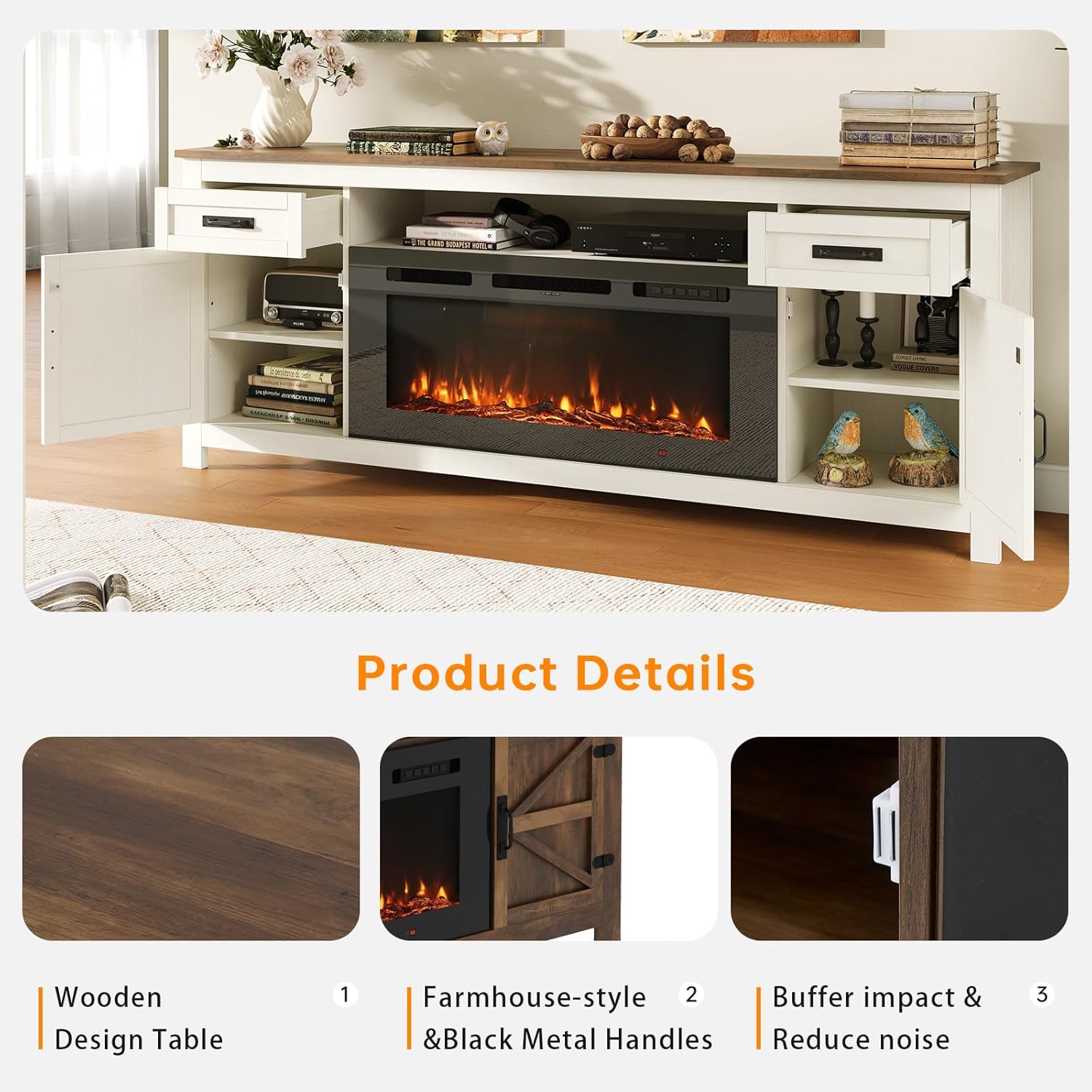 Fireplace TV Stand, 70" Farmhouse TV Stand with Barn Door for 80" TVs, Entertainment Center with Black Fireplace & Storage, White