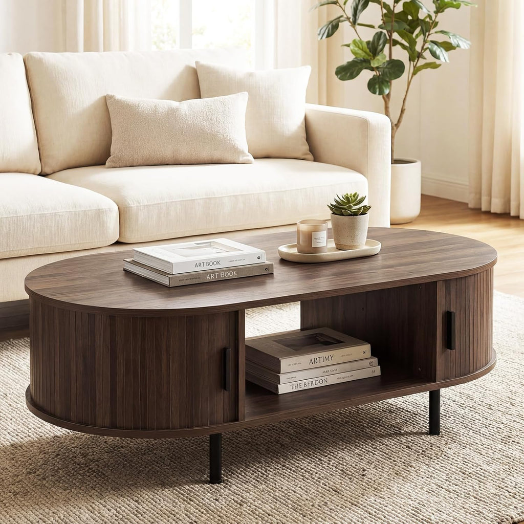 Giantex Oval Coffee Table, 47.5" Mid Century Modern Center Table with Sliding Tambour Doors, Hidden Storage & Open Compartment, Fluted Wood Living Room Tables for Small Space (Walnut)