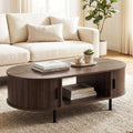 Giantex Oval Coffee Table, 47.5" Mid Century Modern Center Table with Sliding Tambour Doors, Hidden Storage & Open Compartment, Fluted Wood Living Room Tables for Small Space (Walnut)
