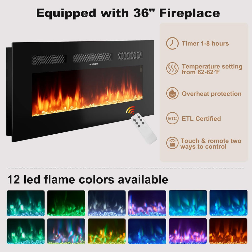 70″ Fluted Fireplace TV Stand for 80″ TVs, Remote & Touch Control, Adjustable Flame Colors & Temperature Entertainment Center with Storage, Modern Media TV Console Table for Living Room (Black)