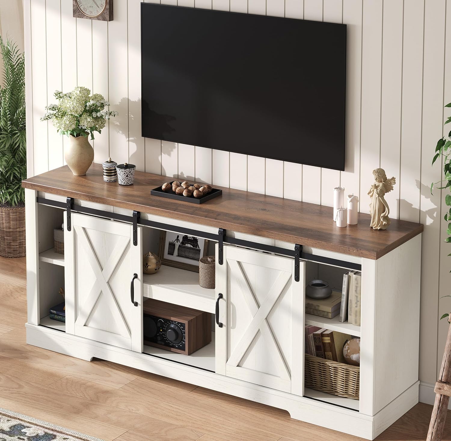 AMERLIFE 66" Farmhouse TV Stand for 75 Inches TVs, Entertainment Center with Sliding Barn Door and Adjustable Shelf & Feet, Console Table with Storage, Distressed White & Rustic