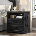 24 Inch Wide Farmhouse Nightstands Set of 2 with Charging Station, Dark Gray Nightstand with 2 Large Drawers, Rustic Wood End Table for Bedroom