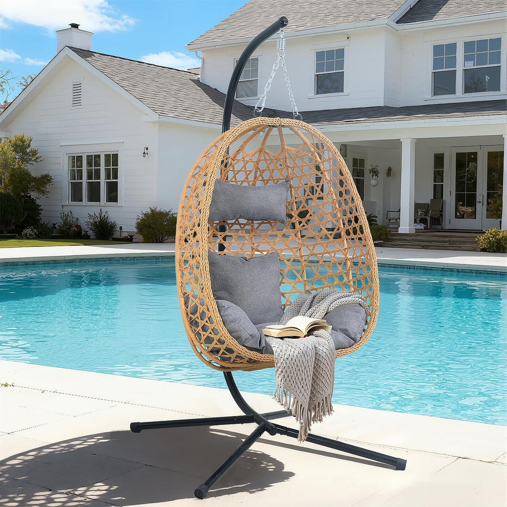EortheX Hanging Egg Chair with Cushions – Comfortable Rattan Swing Chair with Stand for Patio, Garden, or Balcony – Stylish and Relaxing Outdoor Lounge Chair, 350LBS Capacity Indoor Outdoor