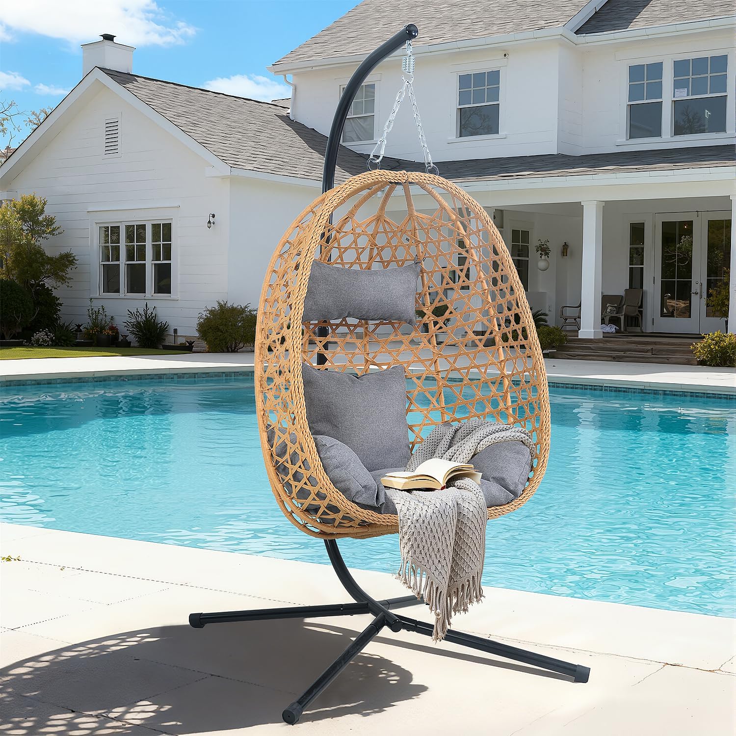 EortheX Hanging Egg Chair with Cushions – Comfortable Rattan Swing Chair with Stand for Patio, Garden, or Balcony – Stylish and Relaxing Outdoor Lounge Chair, 350LBS Capacity Indoor Outdoor