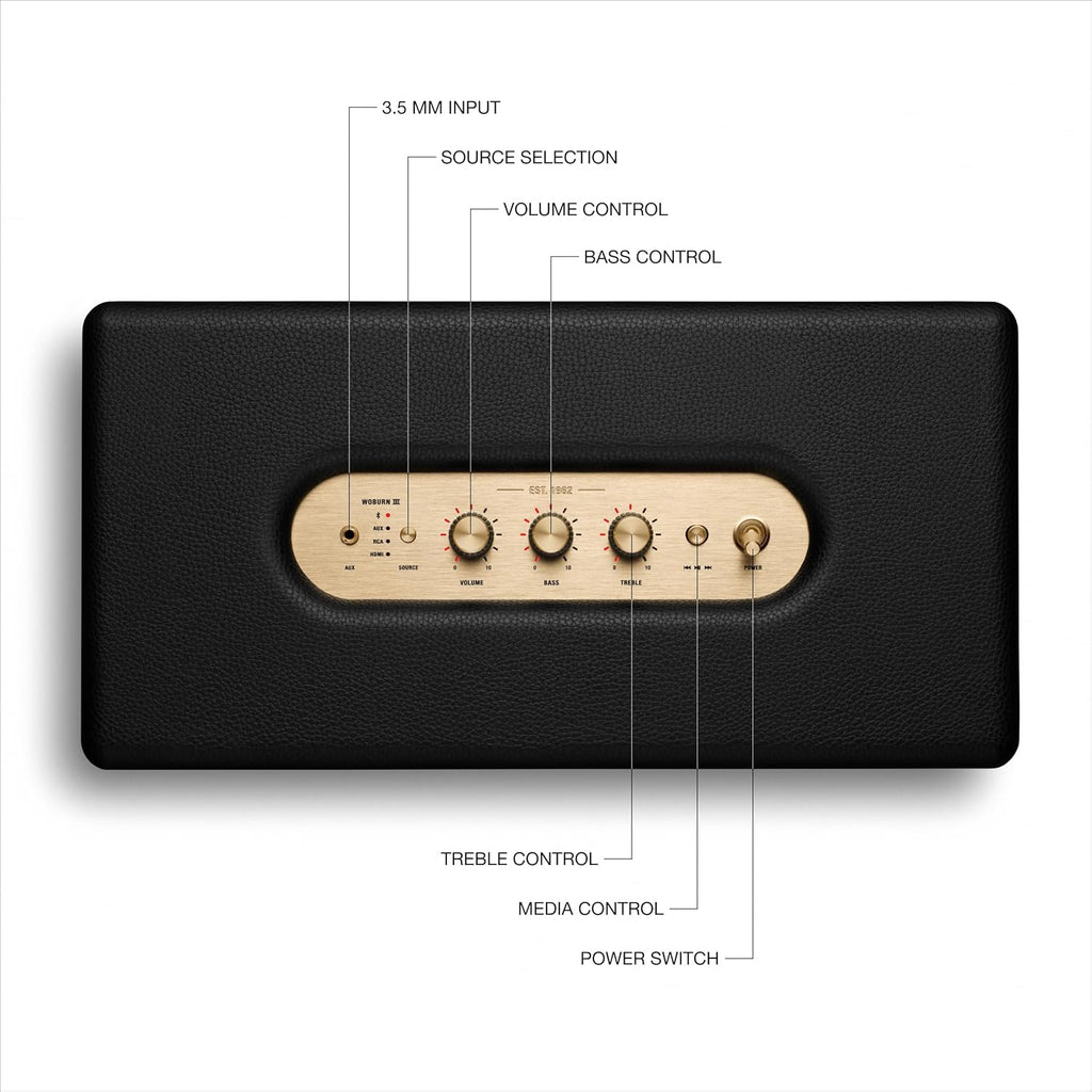 Marshall Woburn III Bluetooth Home Speaker - Loud Stereo Sound with Bass and Treble Controls | Plug-in Powered | Record Player Compatible | HDMI  RCA  3.5 mm Aux Inputs - Black