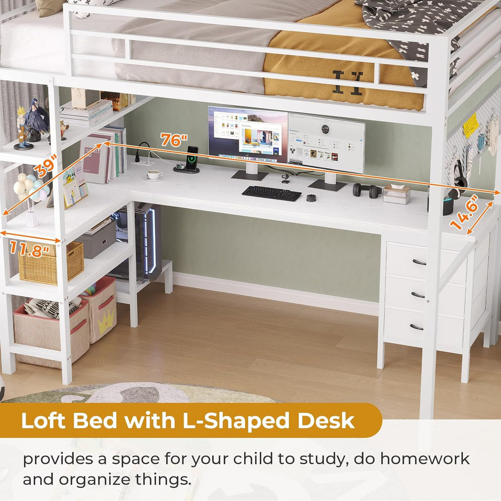 ADORNEVE Loft Bed Twin Size with L-Shaped Desk, LED Lights,Charging Station,Twin Metal Loft Bed with Desk, Fabric Drawers & Shelves, 13.4" H Safety Guard, No Box Spring Needed,White