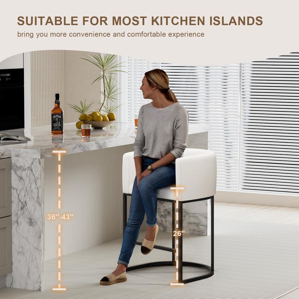 26" H Counter Height Bar Stools Set of 3, Modern Barrel Counter Stools with Backrest and Arms, Linen Fabric Upholstered Accent Barstools for Kitchen Island,Support 450 LBS (White)