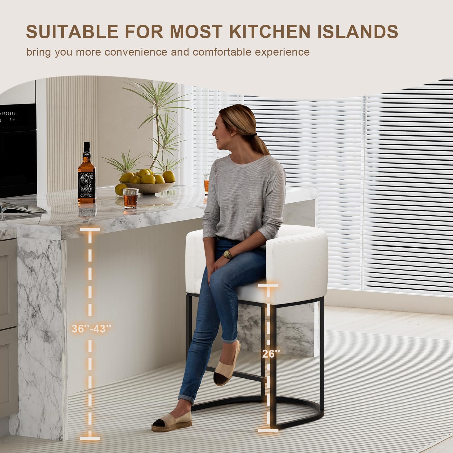 26" H Counter Height Bar Stools Set of 3, Modern Barrel Counter Stools with Backrest and Arms, Linen Fabric Upholstered Accent Barstools for Kitchen Island,Support 450 LBS (White)