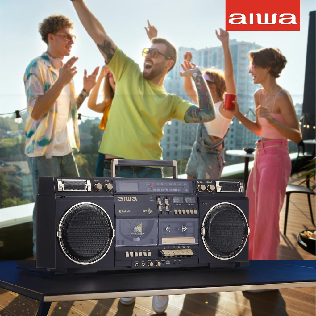 aiwa Retro Boombox BackTrack CD Player with Cassette Recording  Bluetooth 5.0  FM/AM Radio  USB/SD/AUX Inputs  VU Meters  LCD Display  Dual 40W Speakers (Black and Gold)
