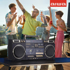 aiwa Retro Boombox BackTrack CD Player with Cassette Recording  Bluetooth 5.0  FM/AM Radio  USB/SD/AUX Inputs  VU Meters  LCD Display  Dual 40W Speakers (Black and Gold)
