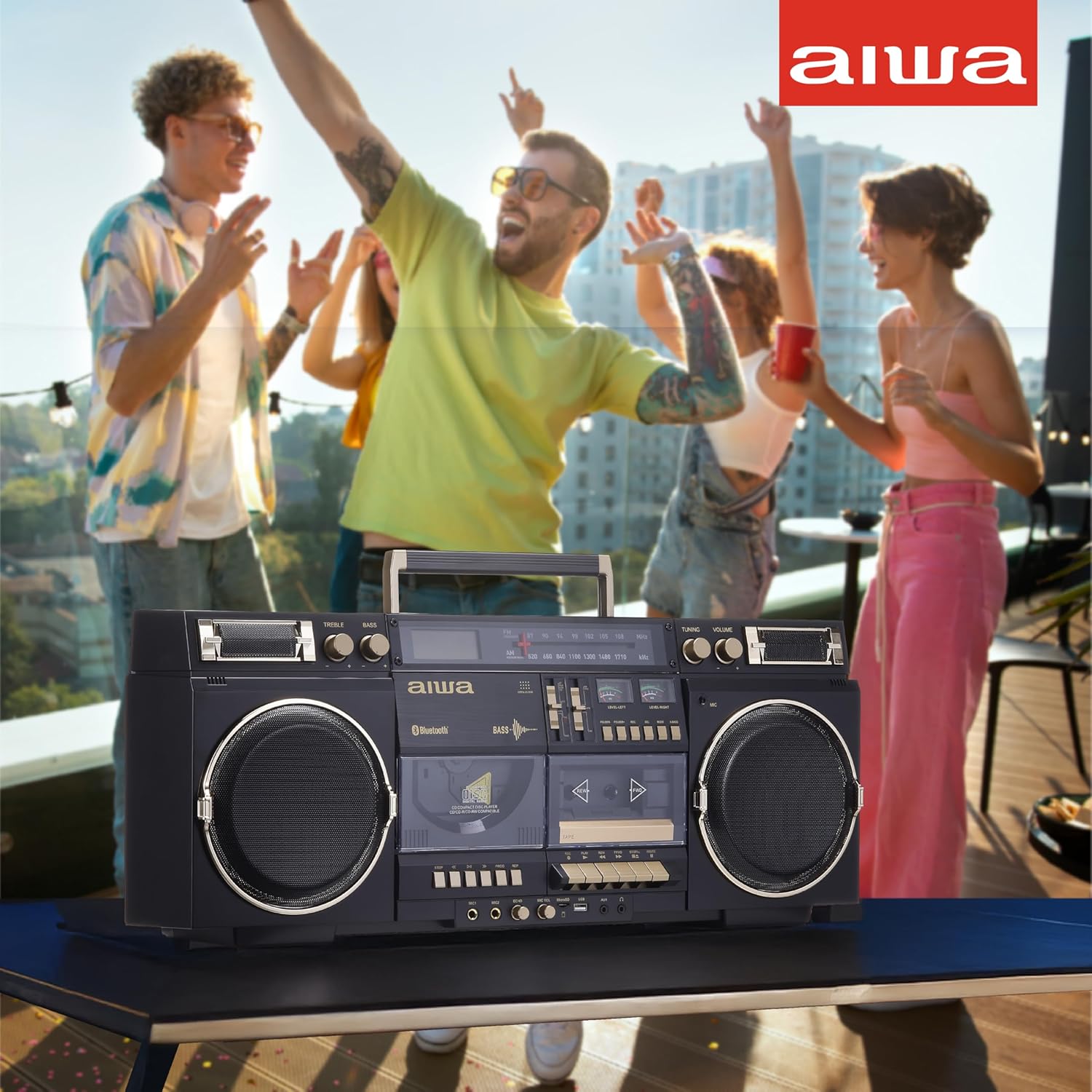 aiwa Retro Boombox BackTrack CD Player with Cassette Recording  Bluetooth 5.0  FM/AM Radio  USB/SD/AUX Inputs  VU Meters  LCD Display  Dual 40W Speakers (Black and Gold)