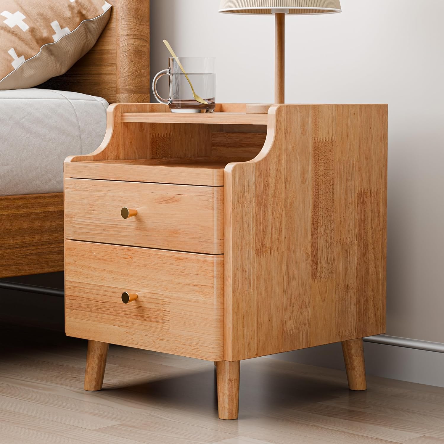 Nightstand Set of 2, Pre-Assembled, 19.7“H Solid Wood Night Stand with 2 Drawers, Open Sliding Shelf, Mid Century Modern Small Bedside Table for Bedroom, Natural Oak 16"