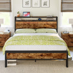 Queen Size Bed Frame, Platform Bed Frame with 2-Tier Storage Headboard and Charging Station/No Box Spring Needed/Noise Free/Industrial/Rustic Brown
