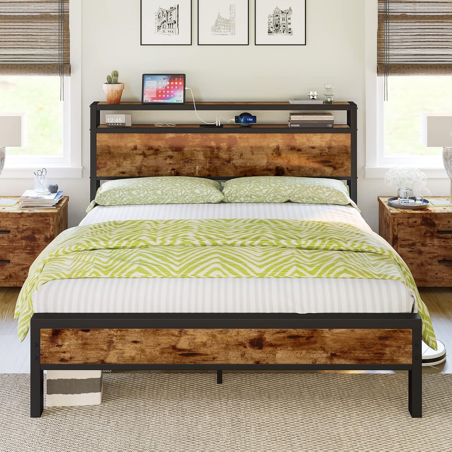 Queen Size Bed Frame, Platform Bed Frame with 2-Tier Storage Headboard and Charging Station/No Box Spring Needed/Noise Free/Industrial/Rustic Brown