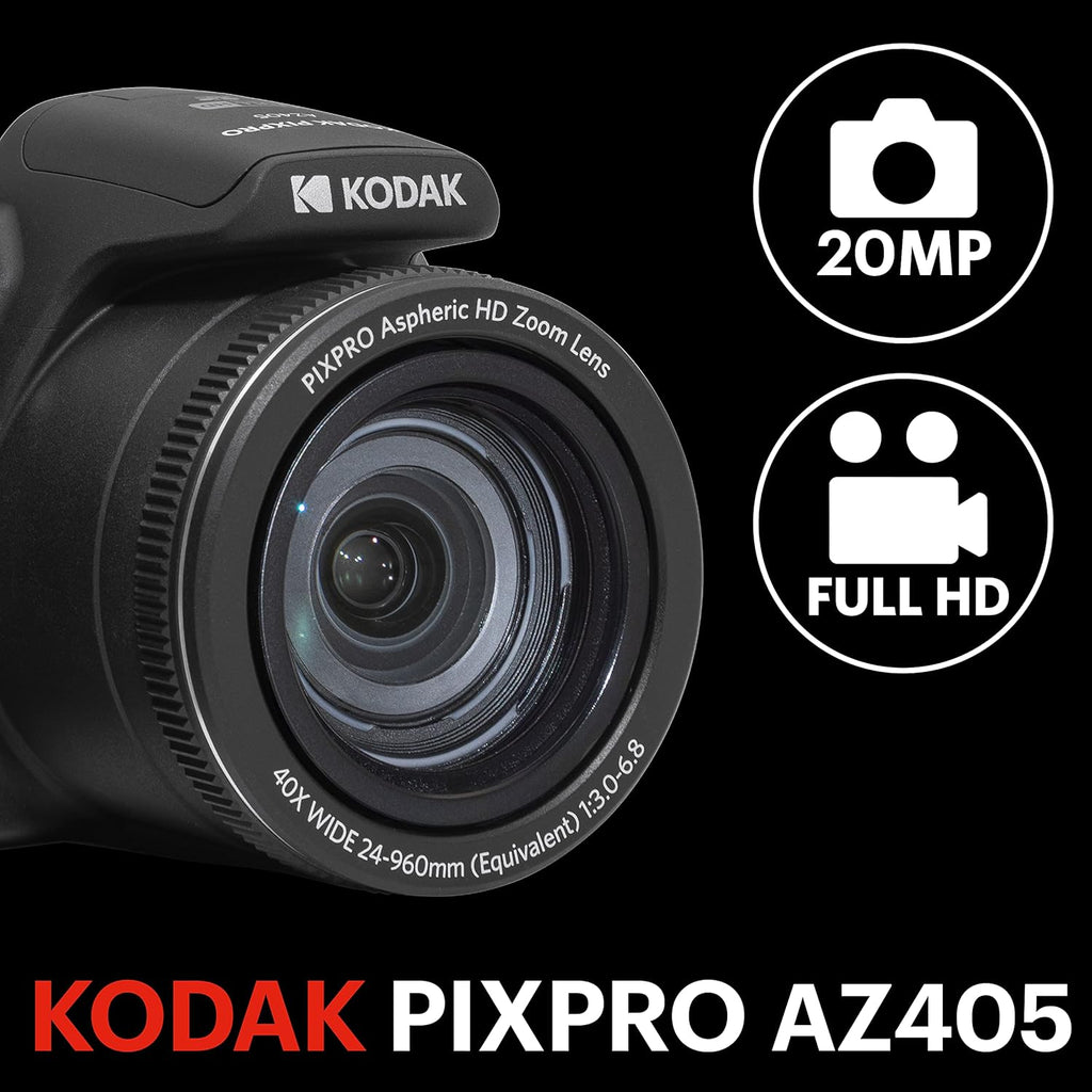 Kodak PIXPRO AZ405-BK 20MP Digital Camera  40X Zoom  24mm Wide Angle Lens  Image Stabilization  1080p Full HD Video  3" LCD  Black