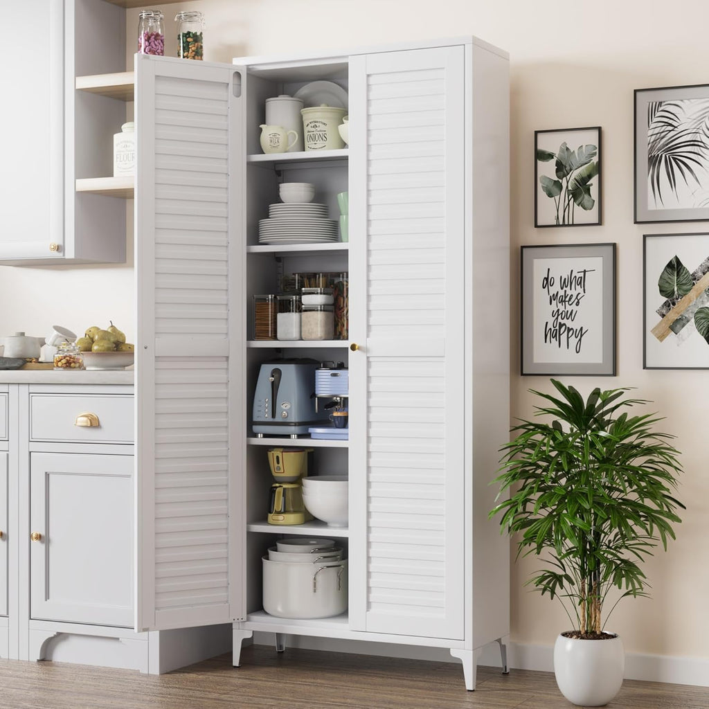 Metal Kitchen Pantry Cabinet with 2 Doors,Metal Pantry Cabinet with 5 Adjustable Shelves for Kitchen,Home,74.2" H × 31.5" W × 15.75" D,Required Assembly, White