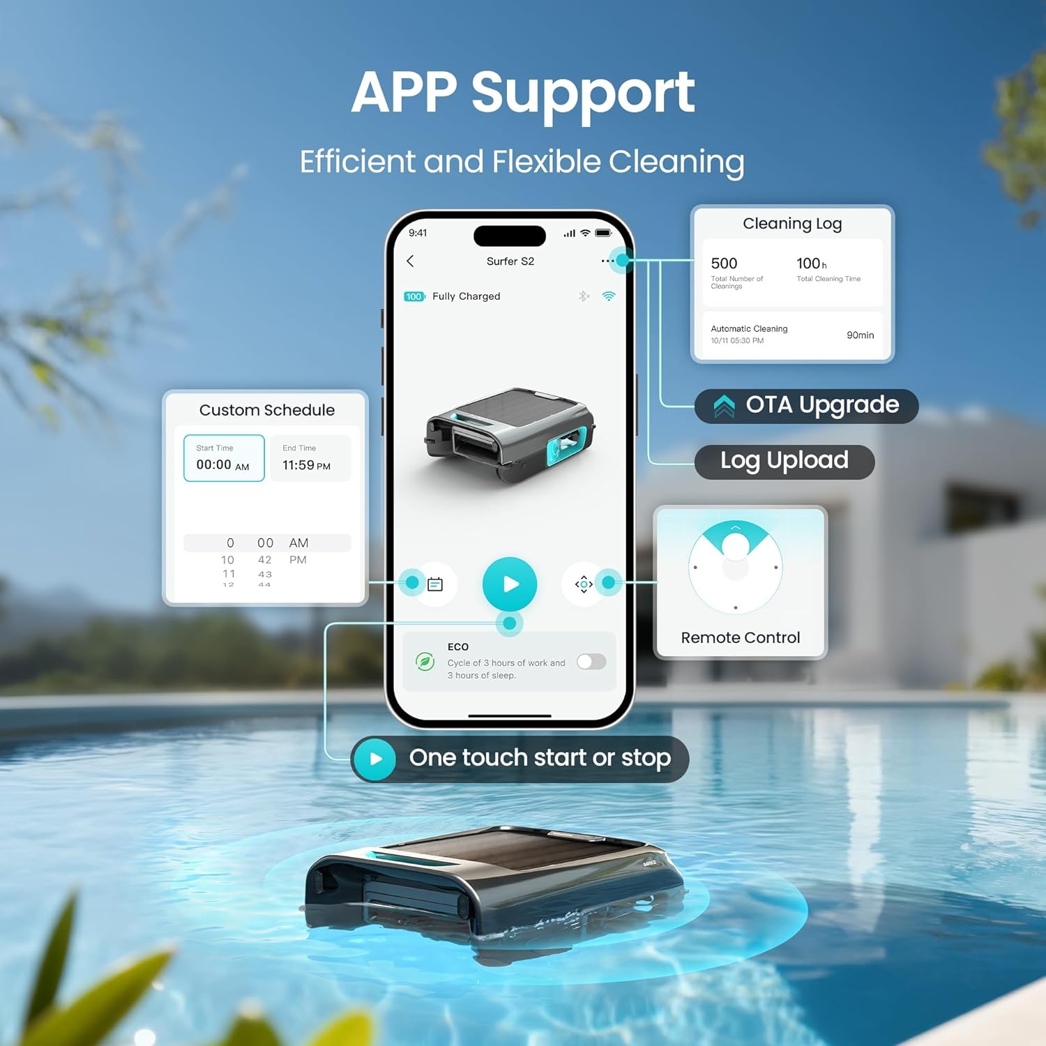 AIPER Surfer S2 Solar Powered Pool Surface Skimmer Robot with APP Support  24/7 Continuous Cleaning  Dual Charging Modes  Smart Obstacle Avoidance  150-um Filtration  OTA Upgrade