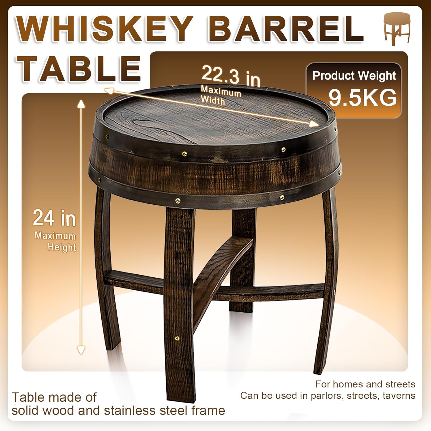 Whiskey Barrel Table, Rustic Wine Barrel End Table, Handcrafted Round Wooden Bourbon Coffee Desk for Vintage Wine Bar and Home Décor