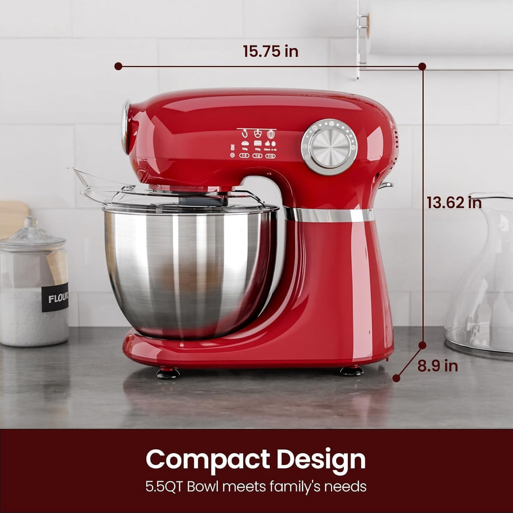 Kismile 5.5QT Tilt-Head Stand Mixer, 12-Speed Electric Mixer with 304 Stainless Steel Bowl - Includes Whisk, Dough Hook, Beater for Baking Bread, Cakes, Cookies（Red）