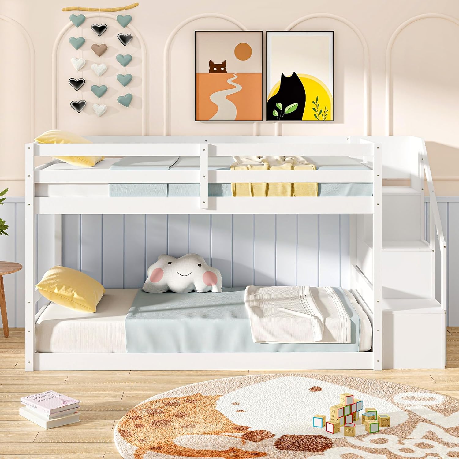 Giantex Twin Over Twin Bunk Bed with Stairs, Solid Wood Floor Bunk Bed with Storage Staircase & Full-Length Guardrails, Low Bunk Bed with for Kids, Teens, Adults, Dorm, Small Space, White