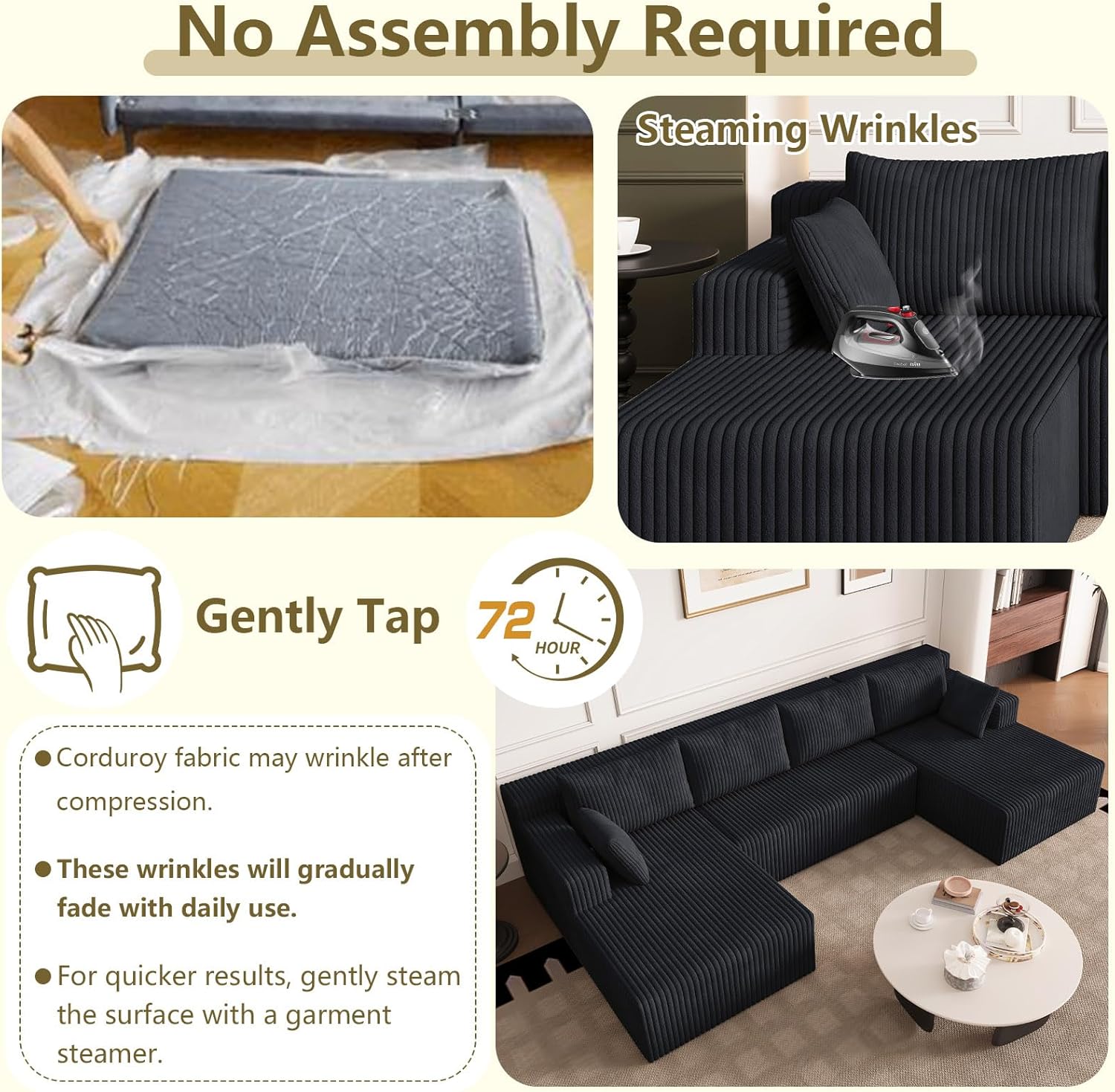 124" Modular Sectional Sofa, Modern Corduroy Cloud Couch with Deep Seat, Boneless Couch Upholstered 4-Seater U-Shaped Sofa for Living Room, No Assembly Required (Black)
