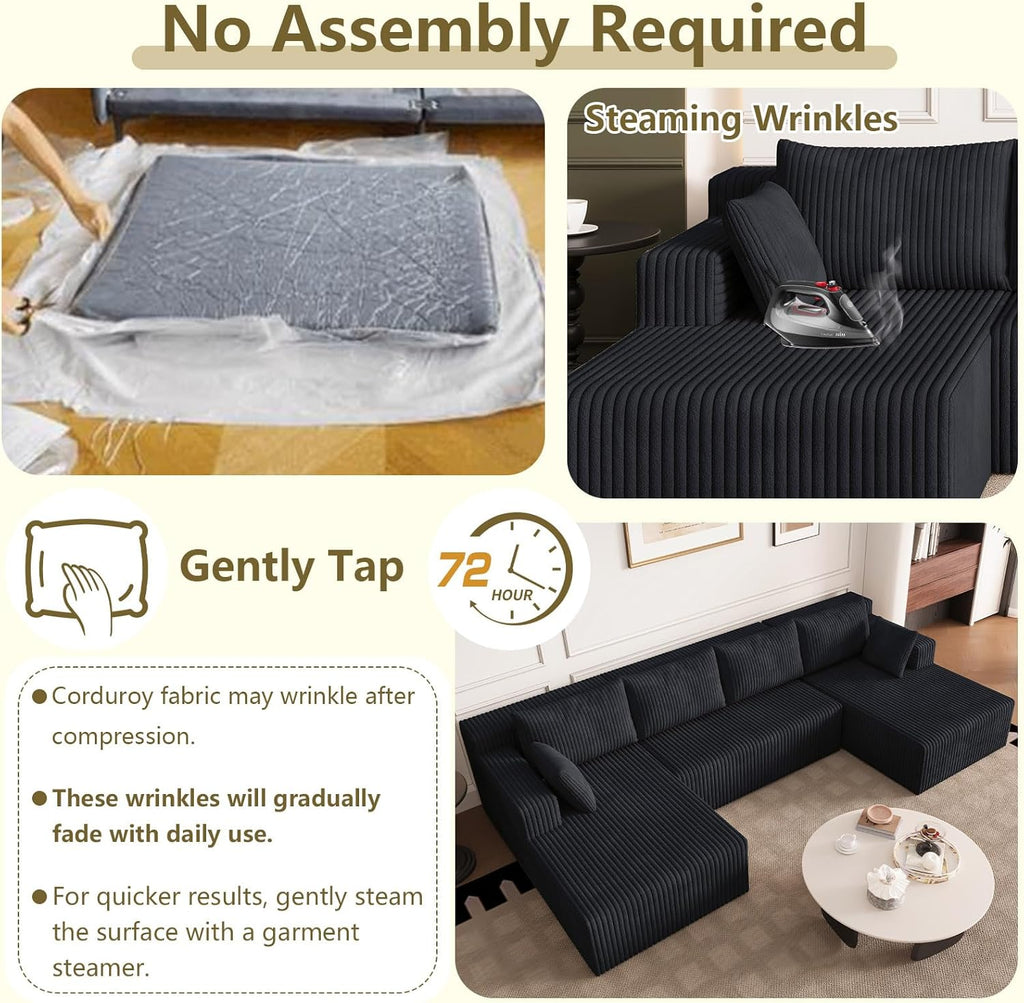 124" Modular Sectional Sofa, Modern Corduroy Cloud Couch with Deep Seat, Boneless Couch Upholstered 4-Seater U-Shaped Sofa for Living Room, No Assembly Required (Black)