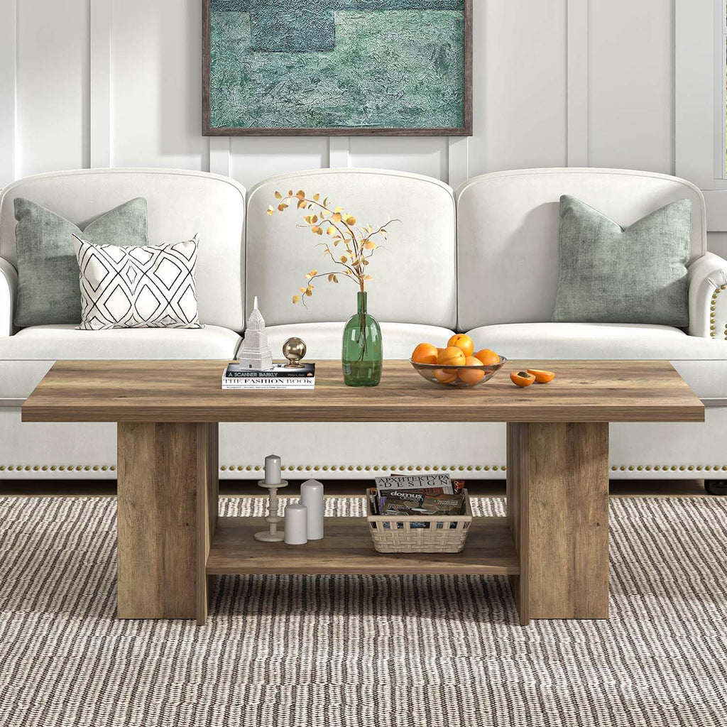FOLUBAN Wood Coffee Table, Modern Center Table for Living Room with Bottom Storage Shelf & Side Shelves, 2-Tier Rectangle Cocktail Tea Table for Home Decor, 47 Inch, Rustic Oak